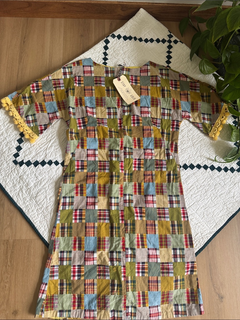 Vintage 60s 70s Multicolor Patchwork Design Dress with Yellow Trim